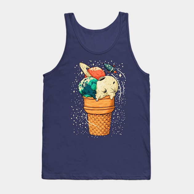 Space Ice Cream - Triple Scoop Cone Planet, Vanilla Moon, Pappermint Mint Chocolate Chip Earth, Melon, Cantaloupe, Muskmelon Saturn Tank Top by anycolordesigns